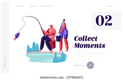Fisherman Sitting on Coast of Pond Catching Fish, Woman Stand with Bucket. People Relaxing on Nature, Weekend Leisure, Outdoors. Website Landing Page, Web Page Cartoon Flat Vector Illustration, Banner