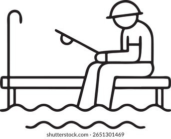 Pescador Sentado Na Doca Ícone De Linha Preta, Posição De Pesca, Vetor Ao Ar Livre Editável, Cena Pacífica Do Lago, Preto Design Minimalista