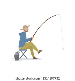 Fisherman Sitting on Folding Chair Beside a Bucket with Fish Caught, Male Fisher Character with Fishing Rod, Vector Illustration