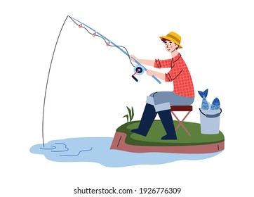 Fisherman sitting on shore with catch in bucket and fishing rod in water. Outdoor hobby, activity and leisure for fishers. Vector illustration isolated on a white background.