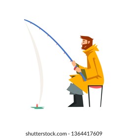 Fisherman Sitting on Shore with Fishing Rod, Fishman Character Wearing Raincoat and Rubber Boots Vector Illustration