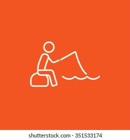 Fisherman sitting with rod line icon for web, mobile and infographics. Vector white icon isolated on red background.