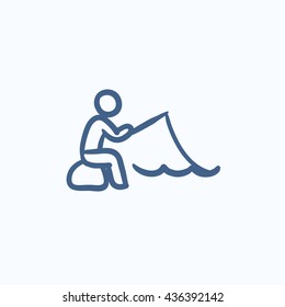 Fisherman sitting with rod vector sketch icon isolated on background. Hand drawn Fisherman sitting with rod icon. Fisherman sitting with rod sketch icon for infographic, website or app.
