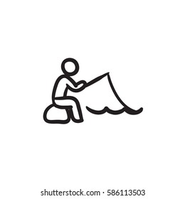 Fisherman sitting with rod vector sketch icon isolated on background. Hand drawn Fisherman sitting with rod icon. Fisherman sitting with rod sketch icon for infographic, website or app.