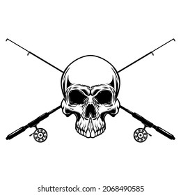Fisherman skull with crossed fishing rods. Design element for logo, emblem, sign, poster, t shirt. Vector illustration svg