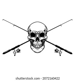 Fisherman skull with crossed fishing rods. Design element for logo, emblem, sign, poster, t shirt. Vector illustration svg