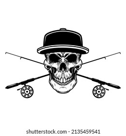 Fisherman skull with crossed fishing rods. Design element for logo, emblem, sign, poster, t shirt. Vector illustration