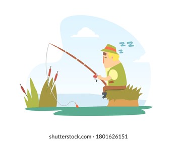 Fisherman Snoozing Sitting on Lake Shore with Fishing Rod Cartoon Vector Illustration