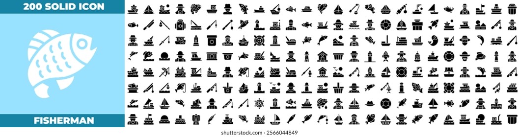 Fisherman Solid Editable Icons set. Vector illustration in modern thin solid style of fisherman icons: Camping, skeleton, fishing line, fisherman, sea, pond, catch, hook, float, etc