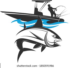 Fisherman with spinning boat and tuna swims