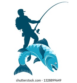 Fisherman with spinning catching fish silhouette
