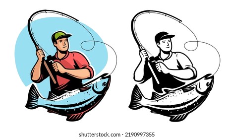 El pescador con barra giratoria atrapó peces grandes. Emblema o logotipo del deporte pesquero. Ilustración de vectores aislada