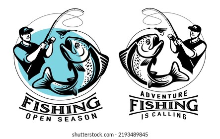 Fisherman with spinning rod caught big fish trout. Fishing sport emblem or logo, badge. Vector illustration isolated