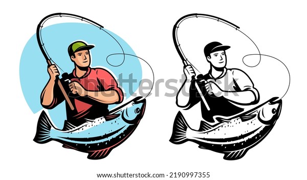 Fisherman with spinning rod\
caught big fish. Fishing sport emblem or logo. Vector illustration\
isolated