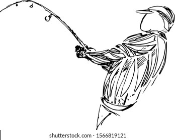 Fisherman with spinning vector. Fisherman, athlete fishing a sketch