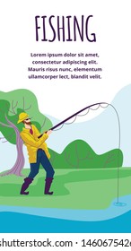 Fisherman Stand with Rod on Coast Having Good Catch. Man Fishing on Lake or River at Summer Day. Relaxing Summertime Hobby, Vacation Spending Time, Leisure, Cartoon Flat Vector Illustration, Banner