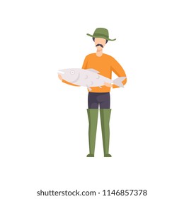 Fisherman standing with big fish caught vector Illustration on a white background