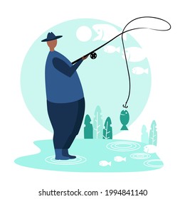 Fisherman Standing And Catching Fish With Fishing Rod. Concept Of Healthy Lifestyle, Outdoor Recreation. Fishing Competition. Sketch Vector Flat Illustration.