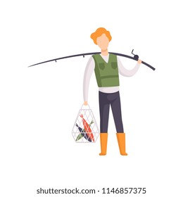 Fisherman standing with caught fish and fishing rod vector Illustration on a white background