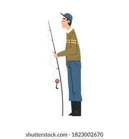 Fisherman Standing with Fishing Rod, Hobby, Summer Outdoor Activity Cartoon Style Vector Illustration