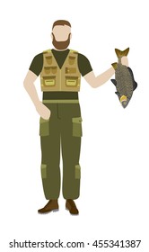 Fisherman standing and holding big card fish Flat vector illustration.
