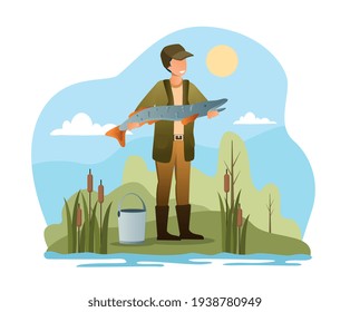 Fisherman standing at river bank. Fishing sport outfit outdoor summer recreation, leisure time. Flat abstract outline vector illustration concept banner design. Simple art isolated on white background