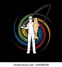 Fisherman standing and show big fish designed on spin wheel background graphic vector