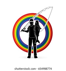 Fisherman standing and show big fish designed on line rainbows background graphic vector