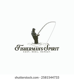 Fisherman standing in water logo - bent fishing rod, engaged in fishing, vintage-style vector design