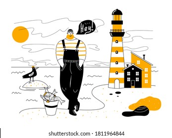 A fisherman stands on the seashore with a bucket of fish near the lighthouse. Vector illustration. 