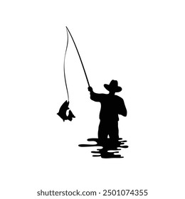 A fisherman stands in the water and catches fish with a fishing rod.