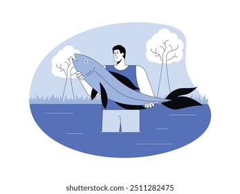 Pescador com sucesso captura peixe grande, água, azul, estilo semitrilo, ilustração vetor de pesca.