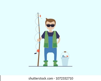 fisherman in sunglasses is standing with a fishing rod in his hands near a bucket of fish