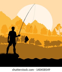 Fisherman at sunset vector background concept landscape