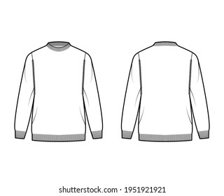 Fisherman Sweater technical fashion illustration with rib crewneck, long sleeves, oversized, hip length, knit trim. Flat jumper apparel front, back, white color style. Women, men unisex CAD mockup