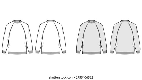 Fisherman Sweater technical fashion illustration with rib crewneck, long raglan sleeves, hip length, knit trim. Flat jumper apparel front, back, white grey color style. Women, men unisex CAD mockup