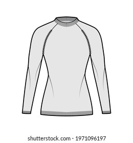 Fisherman Sweater technical fashion illustration with rib crewneck, long raglan sleeves, fitted body, hip length, knit trim. Flat jumper apparel front, grey color style. Women men unisex CAD mockup