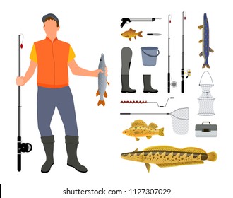 Fisherman with tackle and big fish catch color illustration set isolated on white. Vector poster depicting fishing tools and trap net, clothing and spinning.