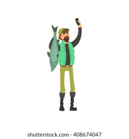 Fisherman Taking Selfie Childish Style Flat Vector Drawing On White Background