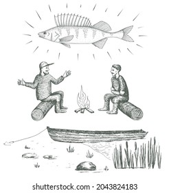 Fisherman tells another that he caught huge fish. Perch. Boat on the lake in reeds. Hand drawn vector image.