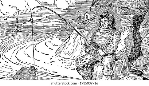 Fisherman, this scene shows fisherman catches fish with fish hook, ship in background, vintage line drawing or engraving illustration