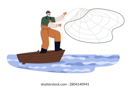Fisherman throwing, casting net from wooden boat. Traditional fishing, netting. Old senior man in river, lake water. Elderly aged fisher. Flat vector illustration isolated on white background