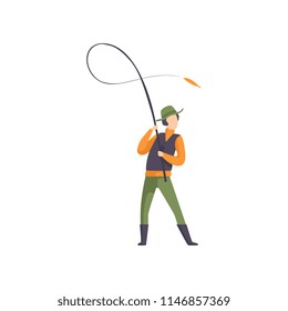 Fisherman throwing spinning into the water vector Illustration on a white background