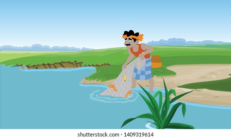 Fisherman throws his net vector landscape. Nature of Asia - vector