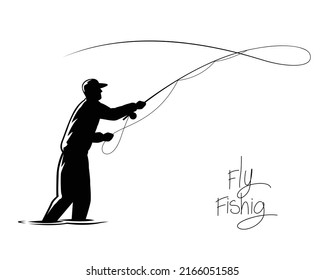 fisherman throws a hook, silhouette fly fishing