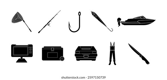 Fisherman Tools and Equipment Silhoutte Illustration Vector Set