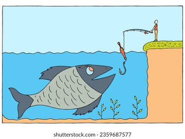A fisherman is trying to catch a big fish. Concept of success. The concept of non-transferable result.