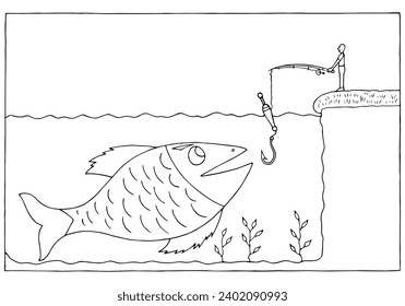 A fisherman is trying to catch a big fish. Concept of success. The concept of non-transferable result.	