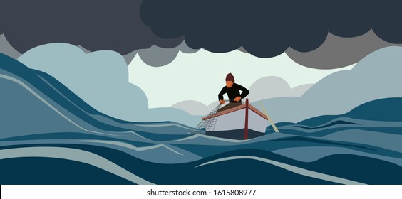 Fisherman In Turbulent Sea With Storm Clouds