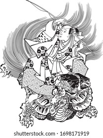 The fisherman and the turtle from a Japanese fairy tale 